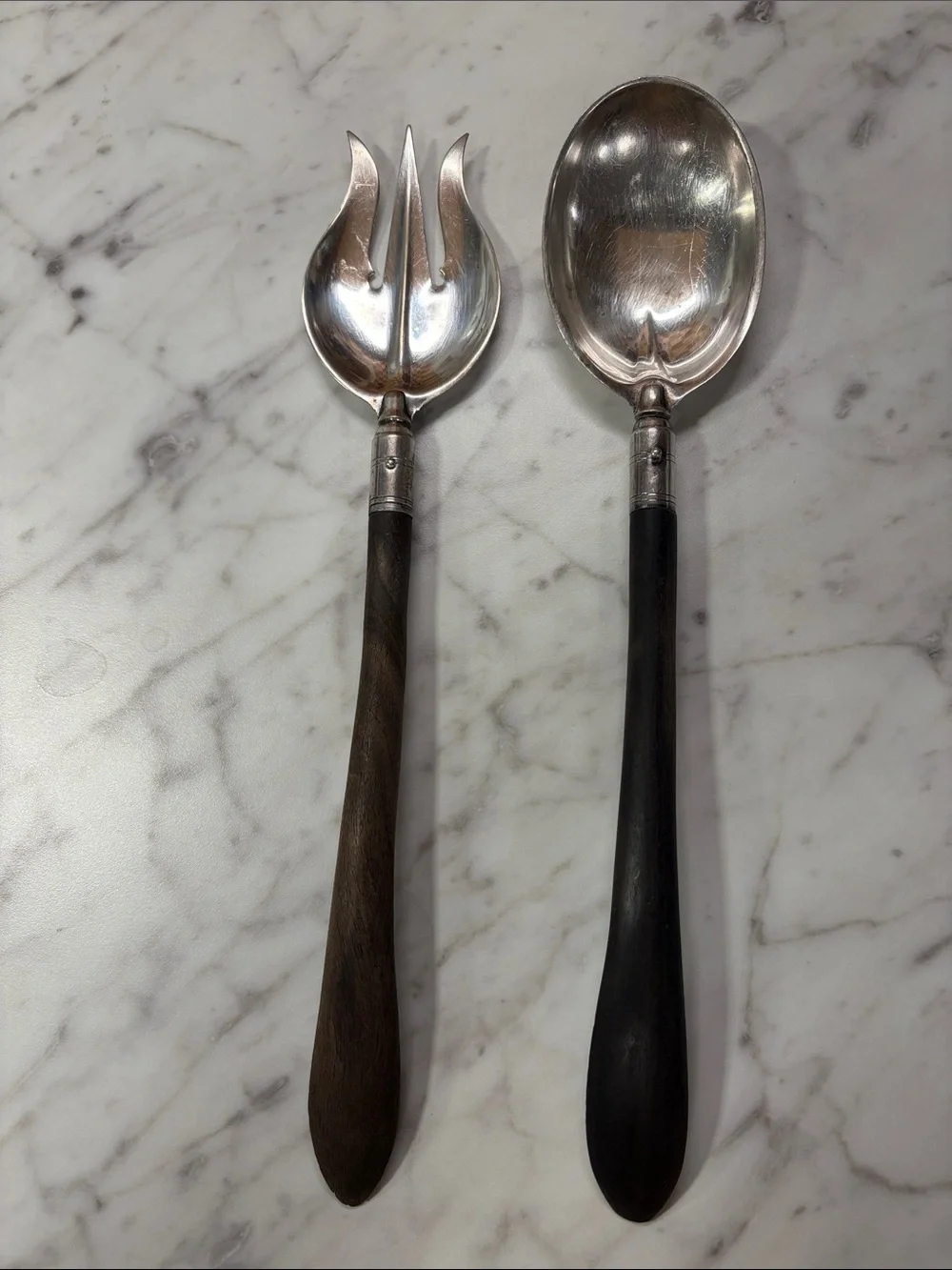 Set Wood Handle . Marked Nickel silver Salad Servers wood. Antique vintage.